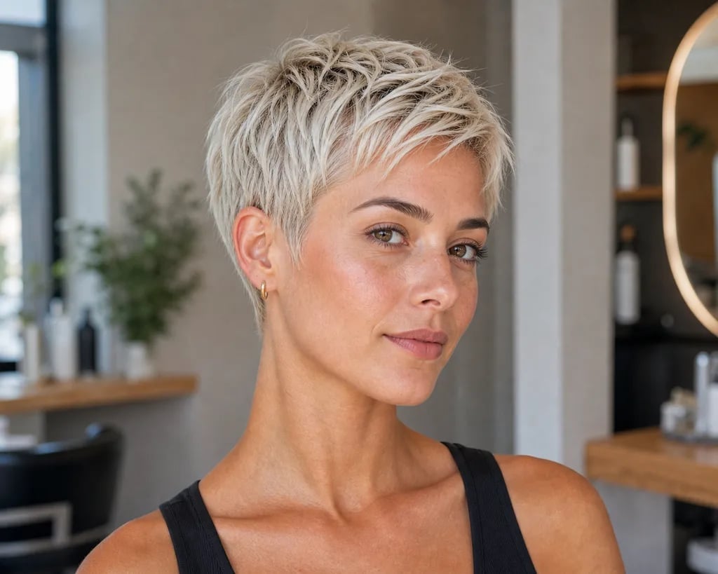 Edgy Platinum Blonde Textured Pixie Edgy Platinum Blonde Textured Pixie — Trendy Going Out Hairstyles