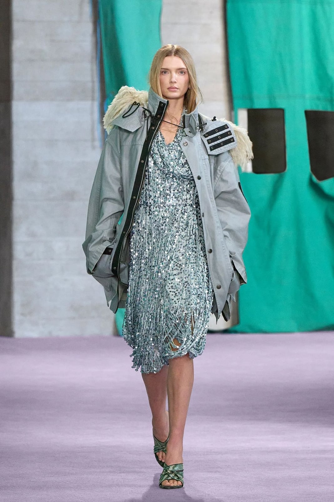 Sequin Fringe Dress Layered Under a Grey Parka Sequin Fringe Dress Layered Under a Grey Parka — Trendy Going Out Outfits Night Club