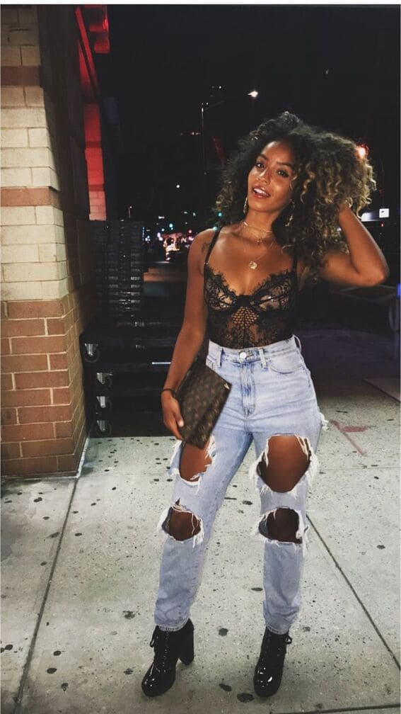 Black Lace Bodysuit with Ripped Jeans and Block Heels Black Lace Bodysuit with Ripped Jeans and Block Heels — Trendy Going Out Outfits Night Club