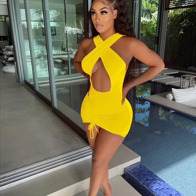 Yellow Keyhole Cut-Out Mini Dress Yellow Keyhole Cut-Out Mini Dress — Trendy Going Out Outfits Night Club