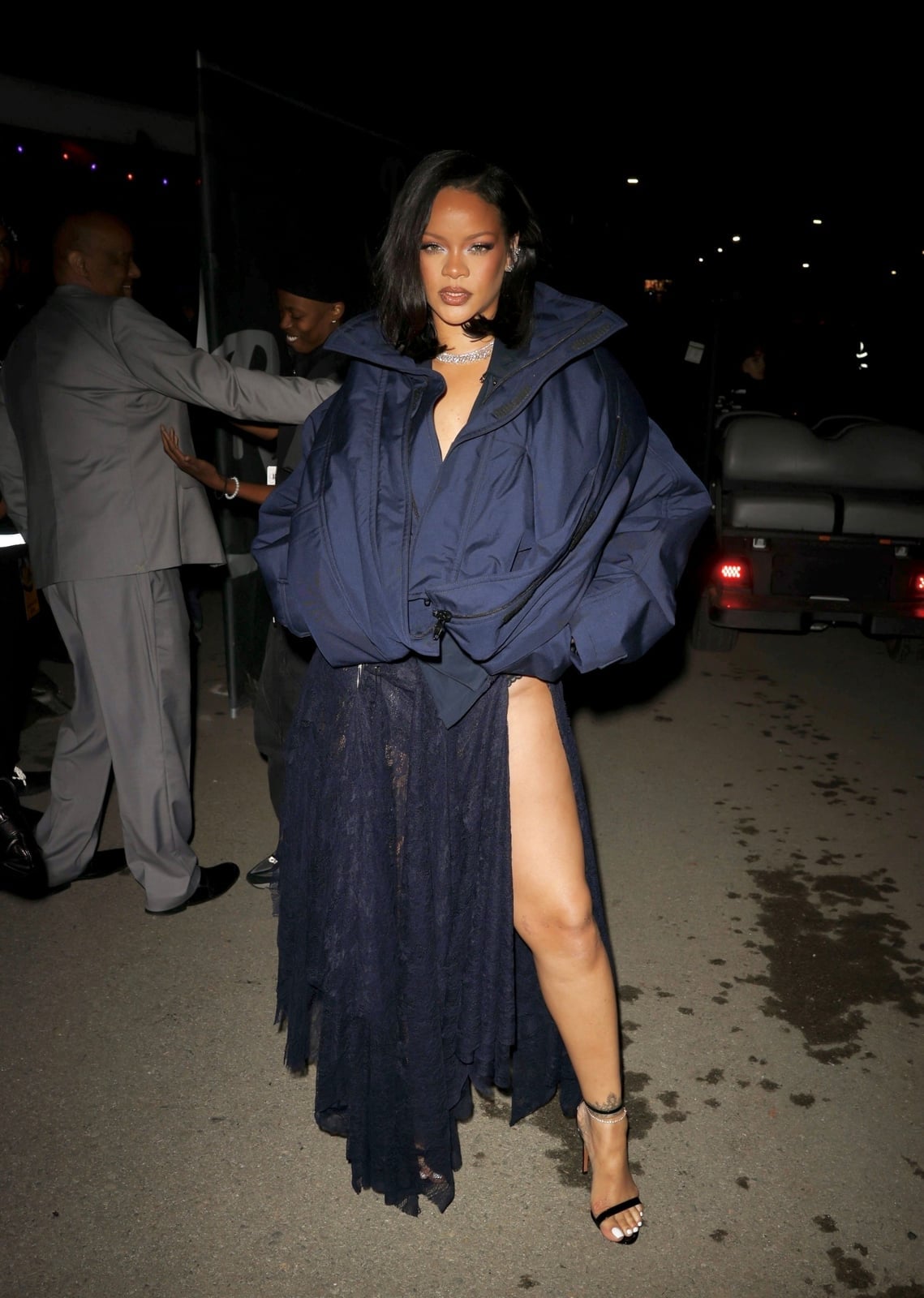 Oversized Navy Jacket Over Lace Skirt and V-neck Top Oversized Navy Jacket Over Lace Skirt and V-neck Top — Trendy Going Out Outfits Night Club