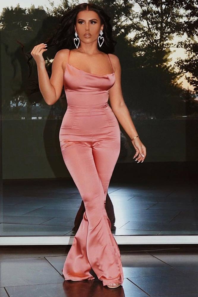 Pink Satin Jumpsuit with Flared Pants Pink Satin Jumpsuit with Flared Pants — Trendy Going Out Outfits Night Club