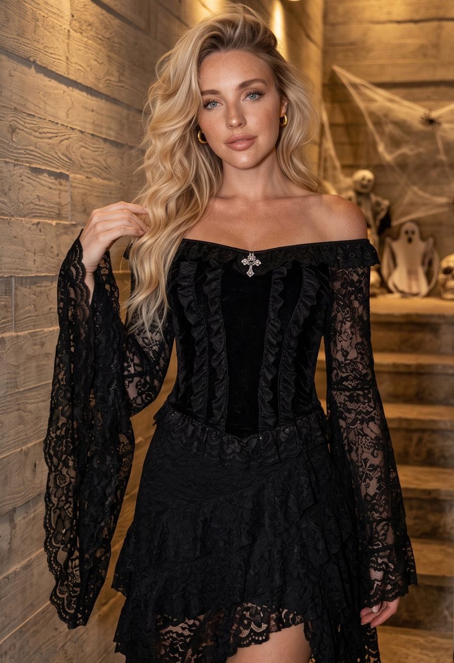 Gothic Black Lace Top and Ruffled Skirt Gothic Black Lace Top and Ruffled Skirt — Trendy Going Out Outfits Night Club