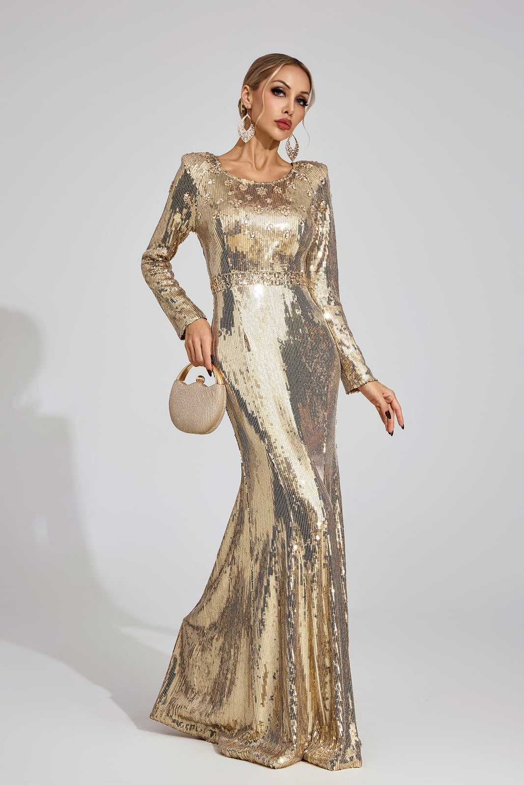Fitted Gold Sequined Mermaid Gown with Long Sleeves — Trendy Gold Outfits