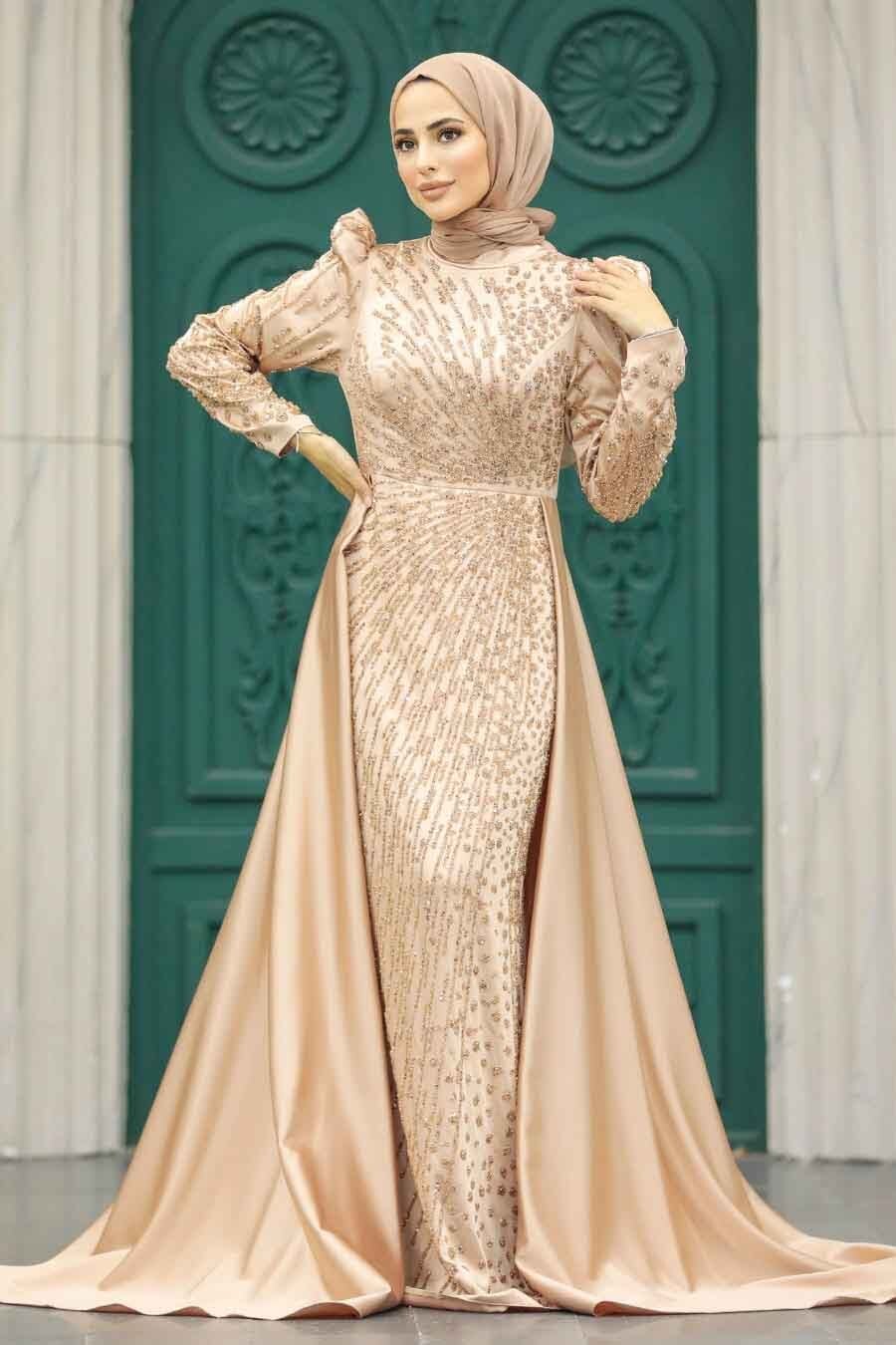 Champagne Gold Beaded Mermaid Gown with Train, Close-Up Take — Trendy Gold Outfits