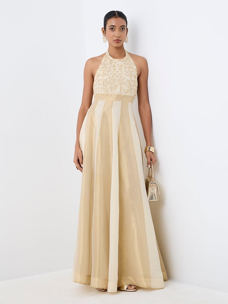 Gold and Cream A-line Halter Gown with Sheer Panels, Close-Up Take — Trendy Gold Outfits