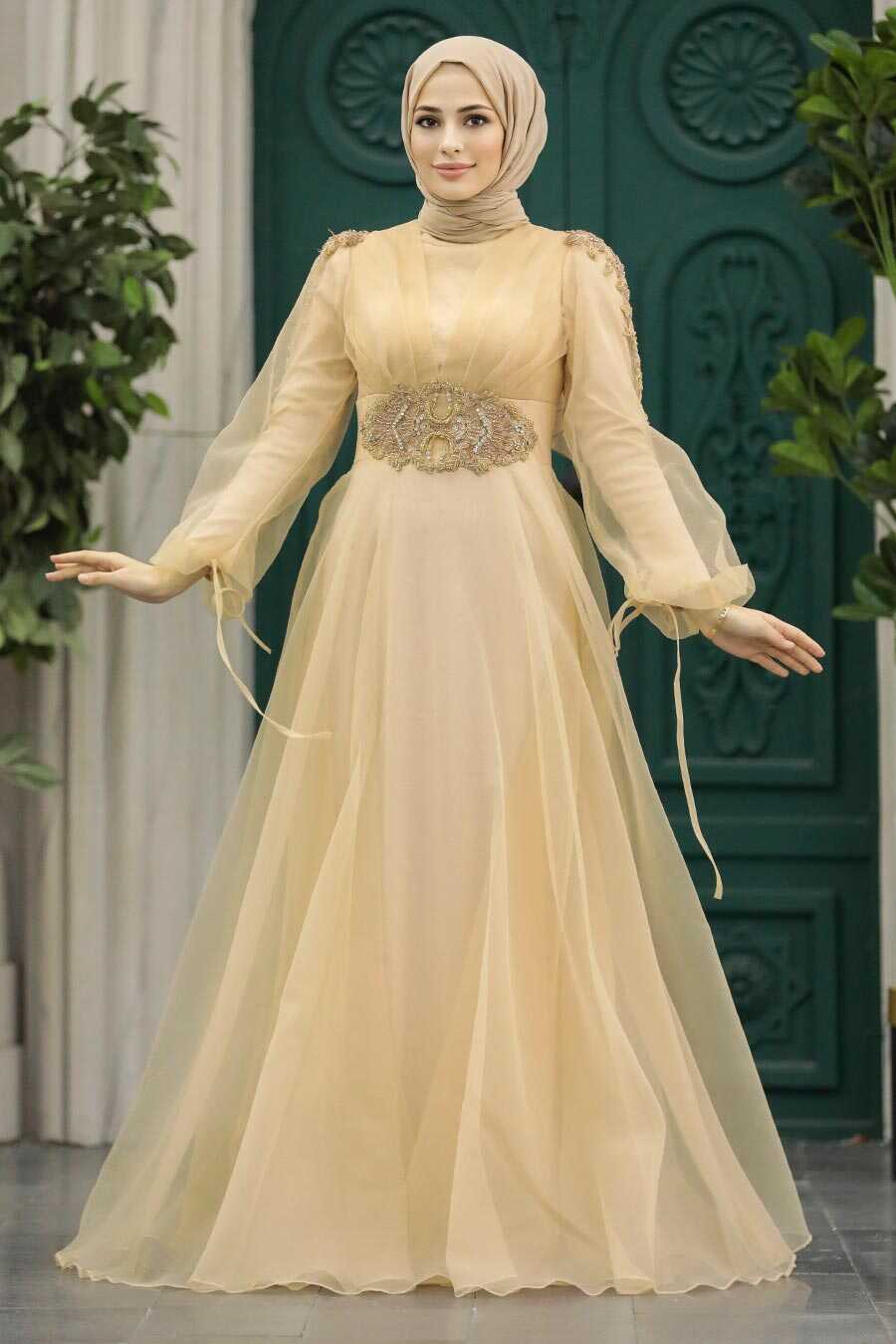 Champagne Gold Glitter A-line Gown with Ornate, Office-Safe Version — Trendy Gold Outfits