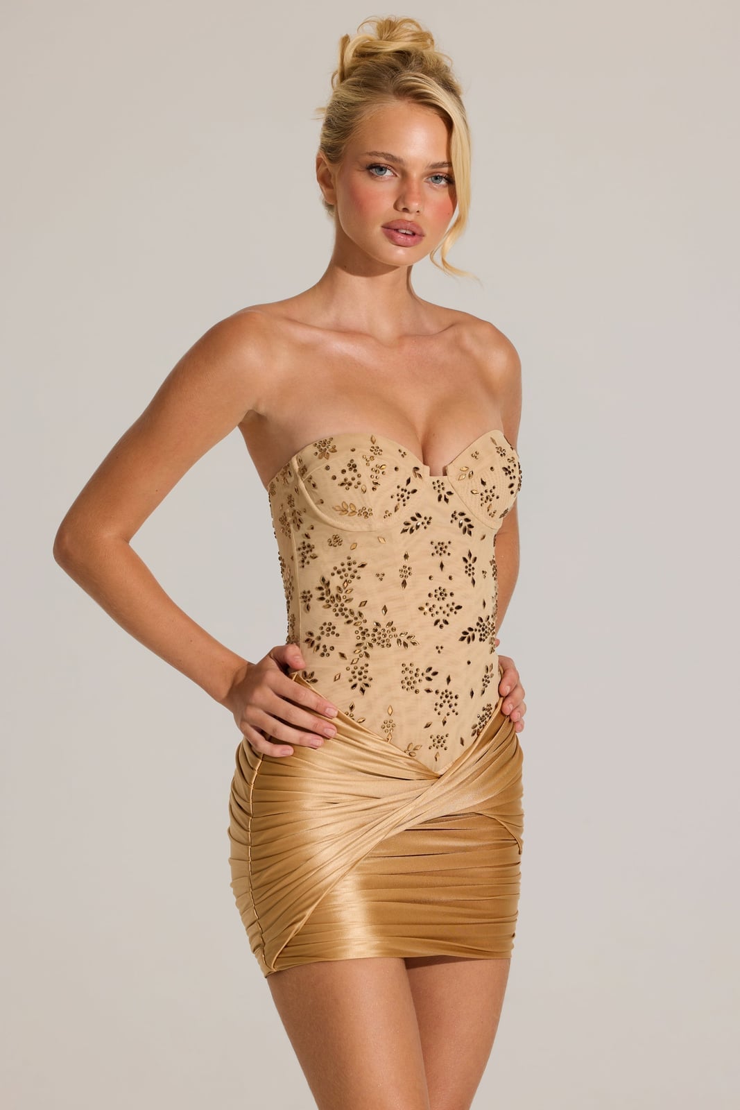 Gold Strapless Top with Ruched Mini Skirt and Sheer Beaded Fabric — Trendy Gold Outfits
