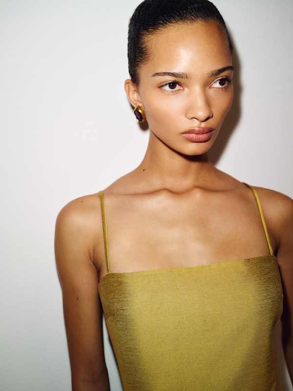 Muted Gold Crinkled Silk Spaghetti Strap Dress — Trendy Gold Outfits