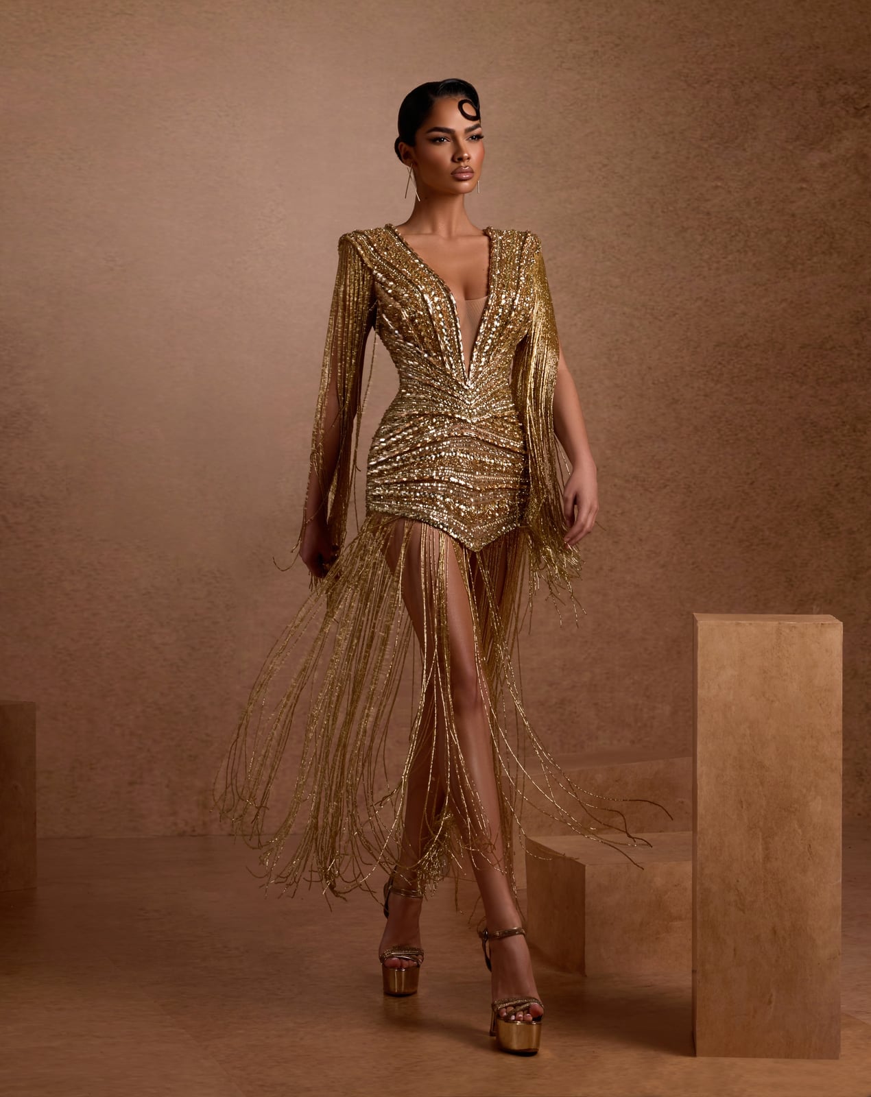 Dazzling Gold Sequin Mini Dress with Fringe, Office-Safe Version — Trendy Gold Outfits