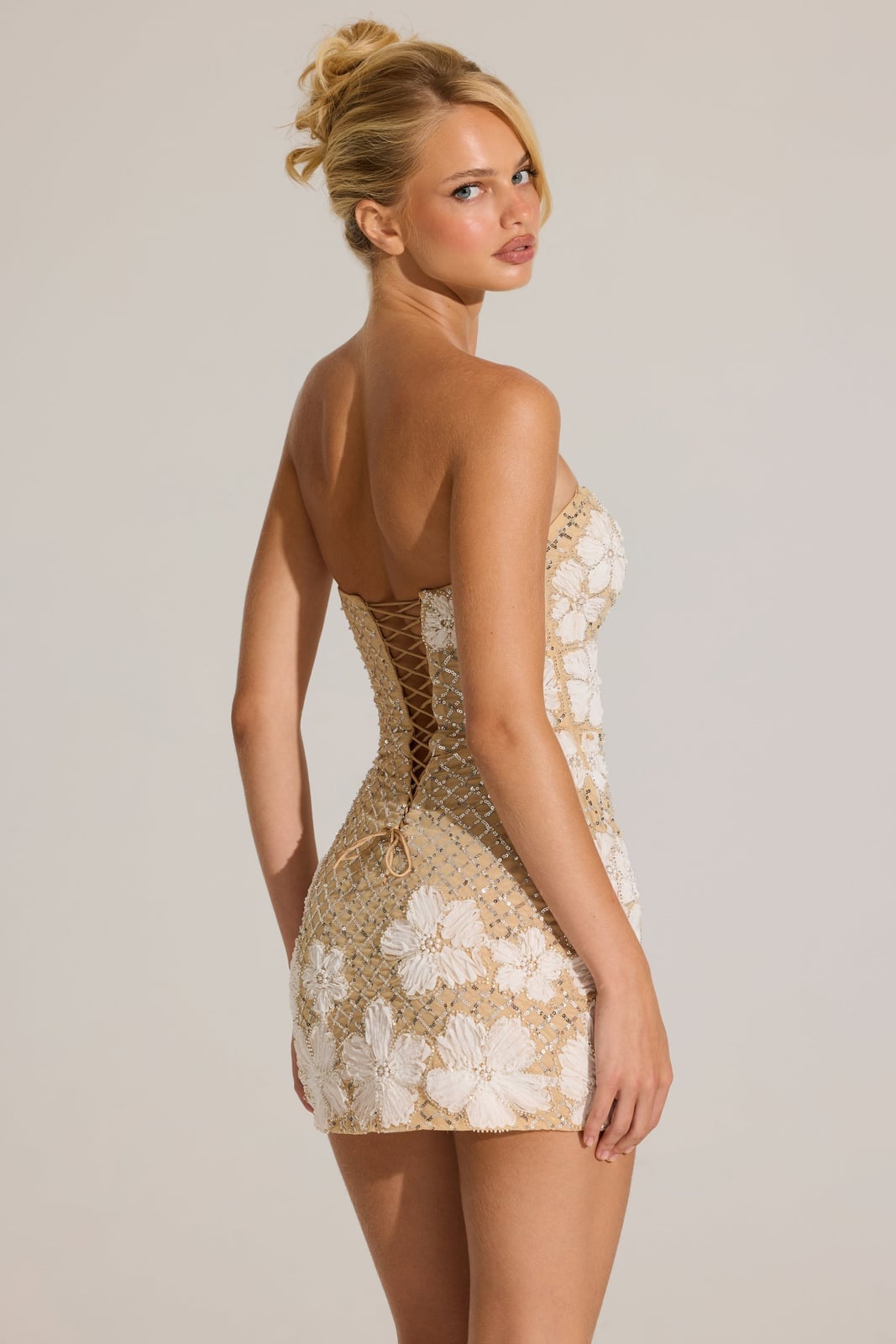 Strapless Gold Mini Dress with Floral Appliqués — Trendy Gold Outfits