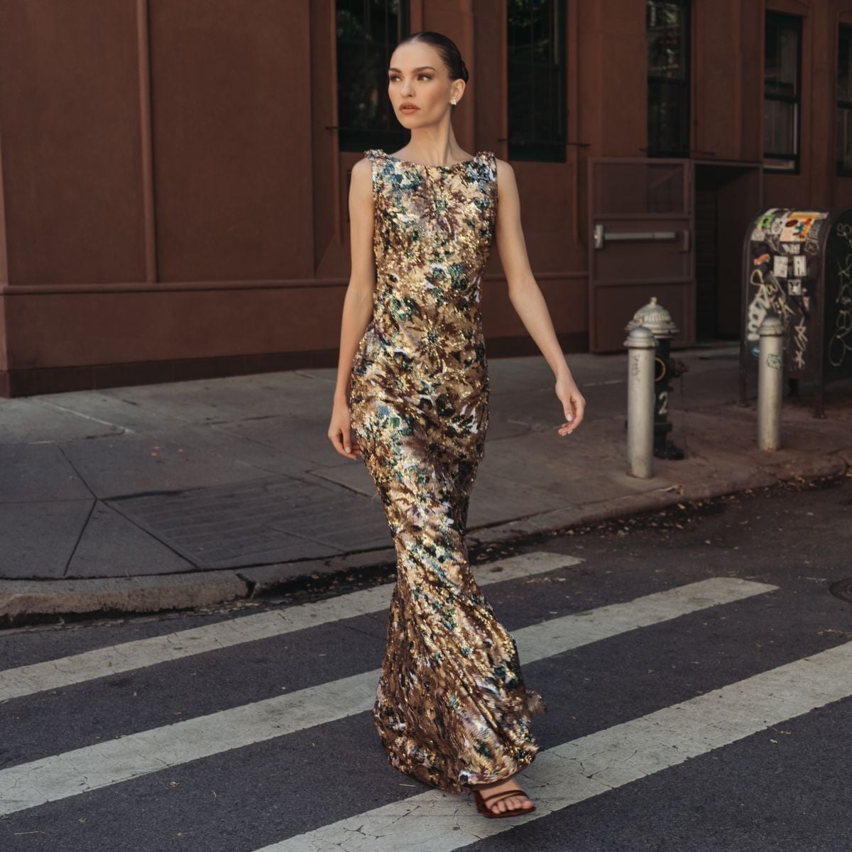 Multi-colored Metallic Sequined Column Dress, Office-Safe Version — Trendy Gold Outfits
