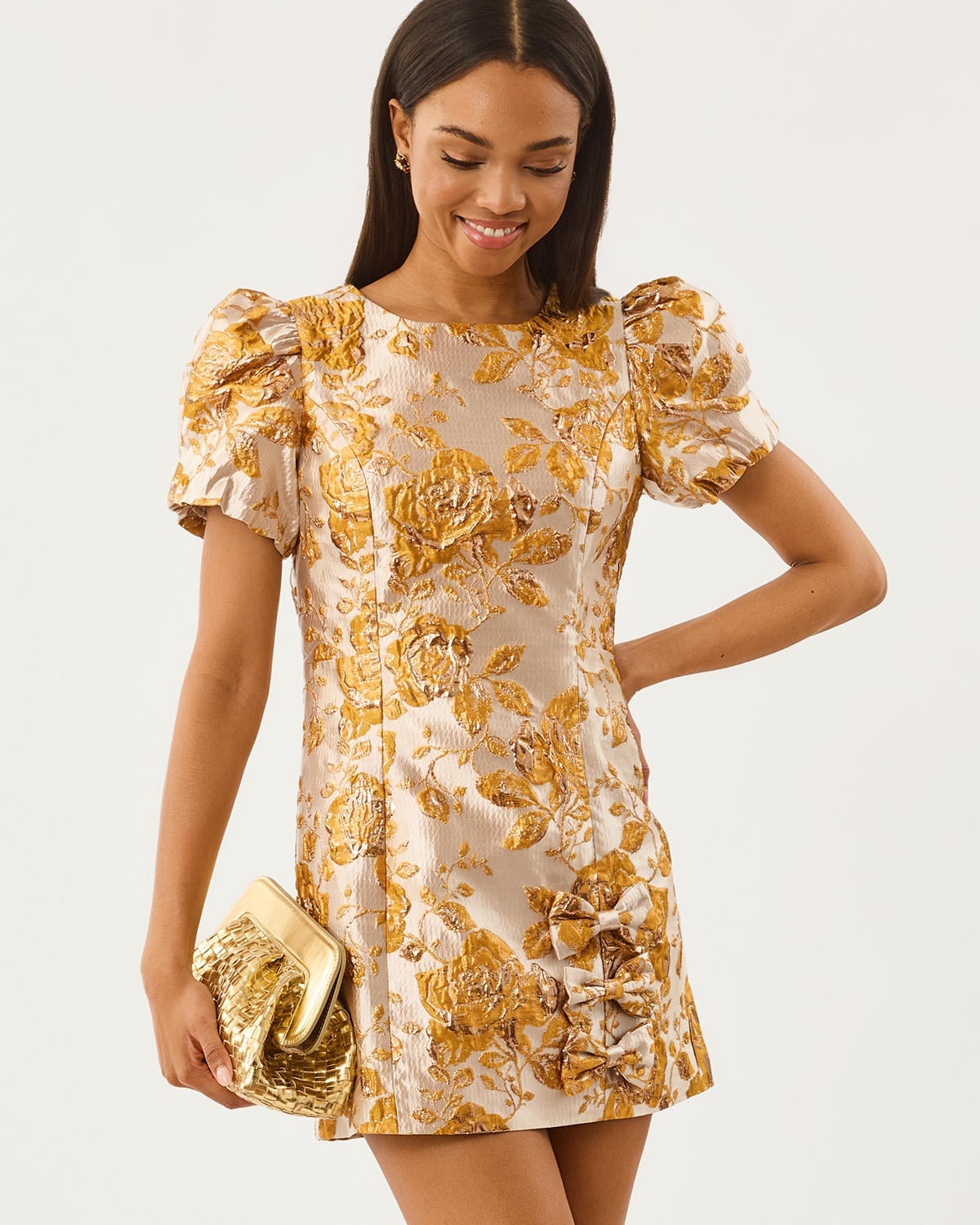 Cream and Gold Brocade Mini Dress with Floral Pattern, Close-Up Take — Trendy Gold Outfits