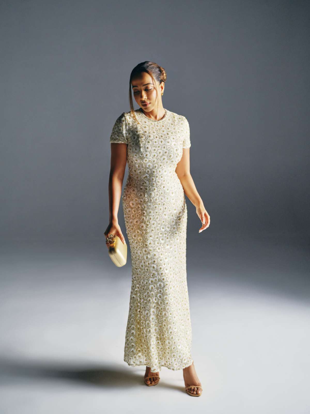 Floor Length Gold Sequined and Beaded Column Gown — Trendy Gold Outfits
