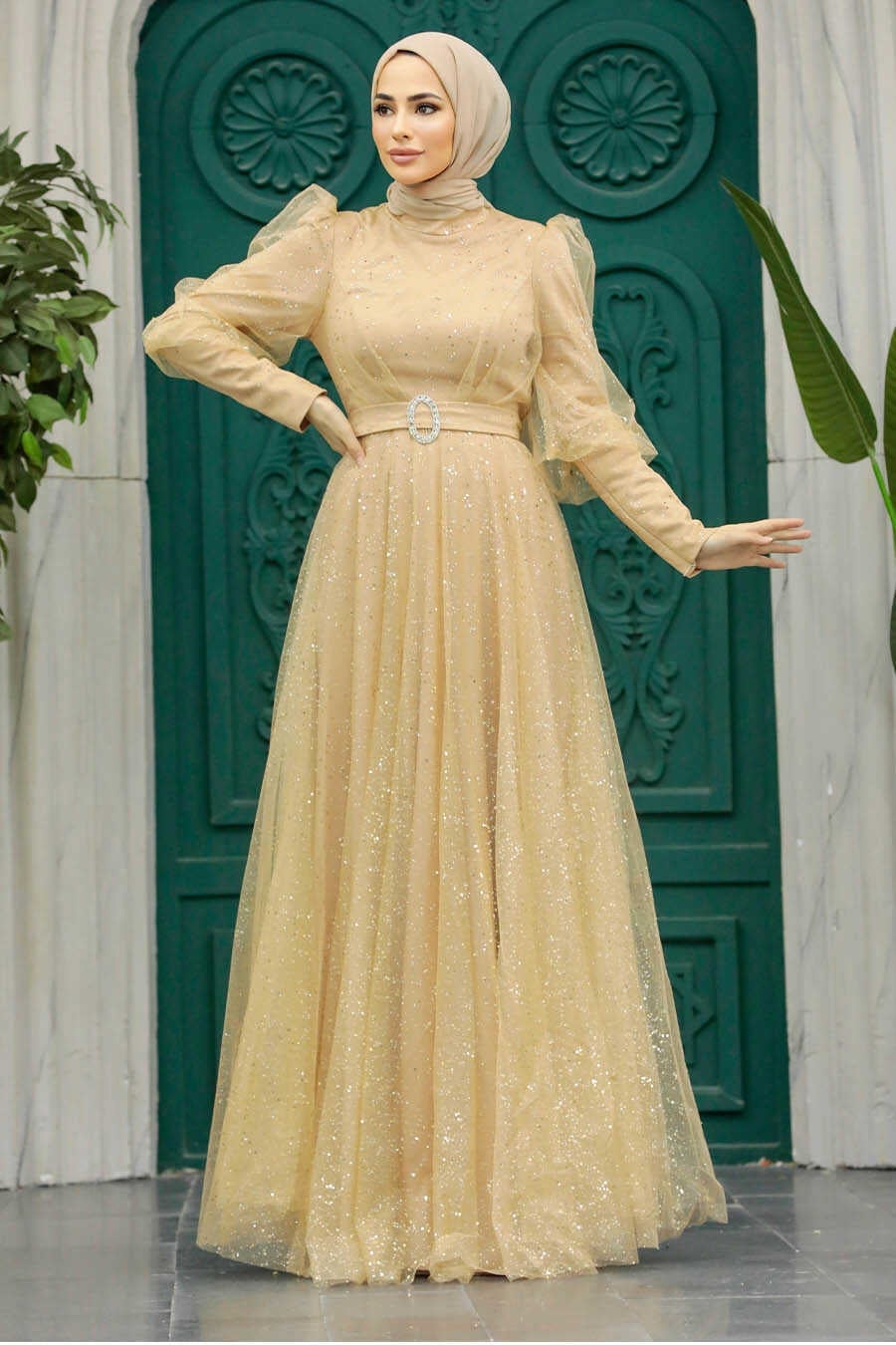 Pale Gold Glitter A-line Gown with Puff Sleeves — Trendy Gold Outfits