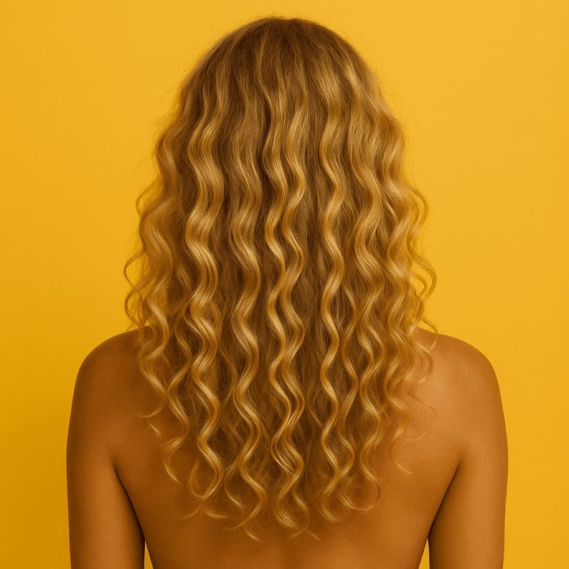 Mid-Back Curly Golden Blonde With Highlights Mid-Back Curly Golden Blonde With Highlights — Trendy Golden Blonde