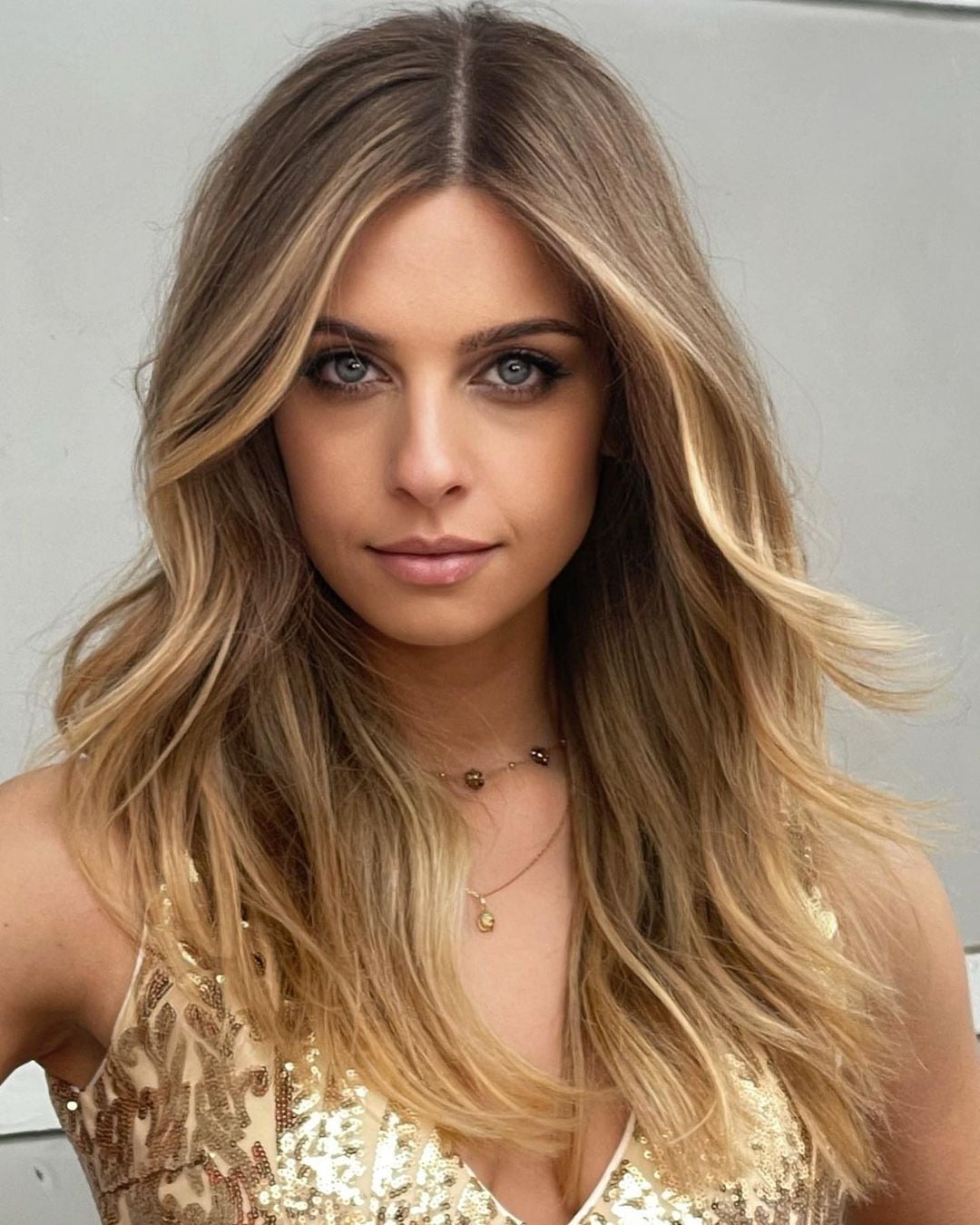 Mid-Length Golden Blonde With Wispy Bangs Mid-Length Golden Blonde With Wispy Bangs — Trendy Golden Blonde