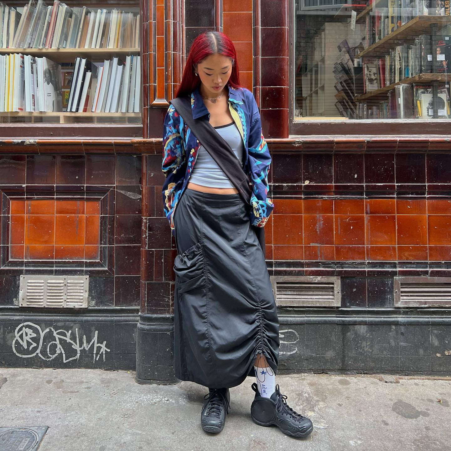 Printed Jacket and Ruched Maxi Skirt Printed Jacket and Ruched Maxi Skirt — Trendy Gorpcore Outfits