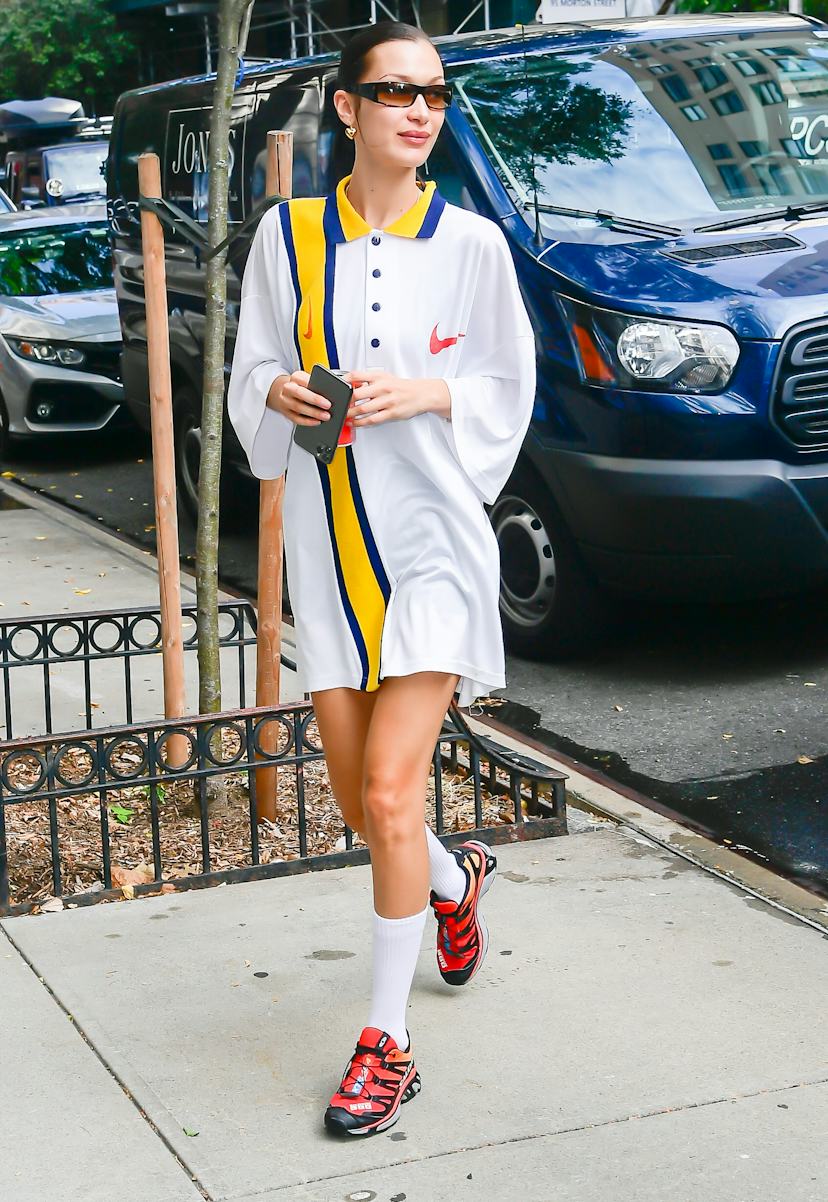 Striped Polo Shirt Dress and Hiking Sneakers Striped Polo Shirt Dress and Hiking Sneakers — Trendy Gorpcore Outfits