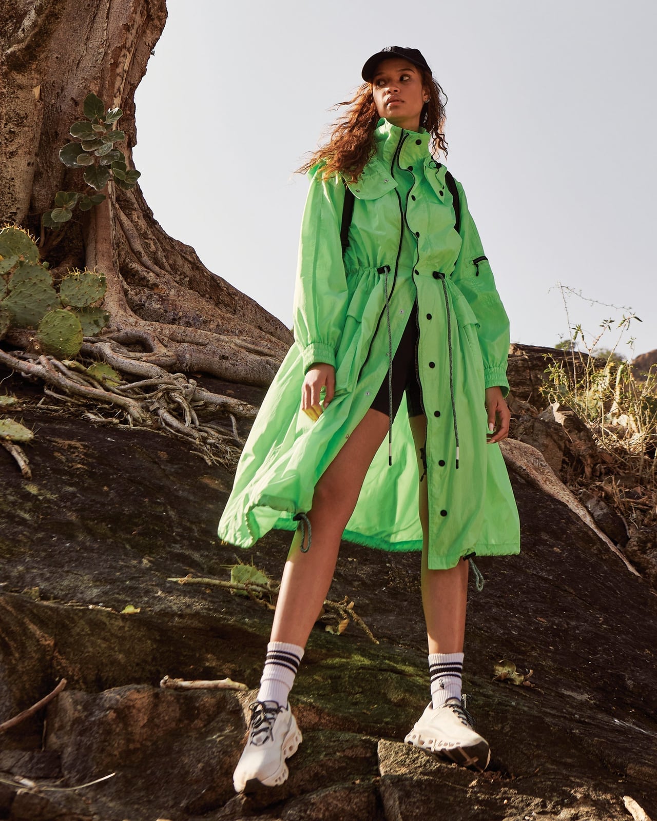 Bright Green Parka and Black Shorts for Outdoor Adventure Bright Green Parka and Black Shorts for Outdoor Adventure — Trendy Gorpcore Outfits