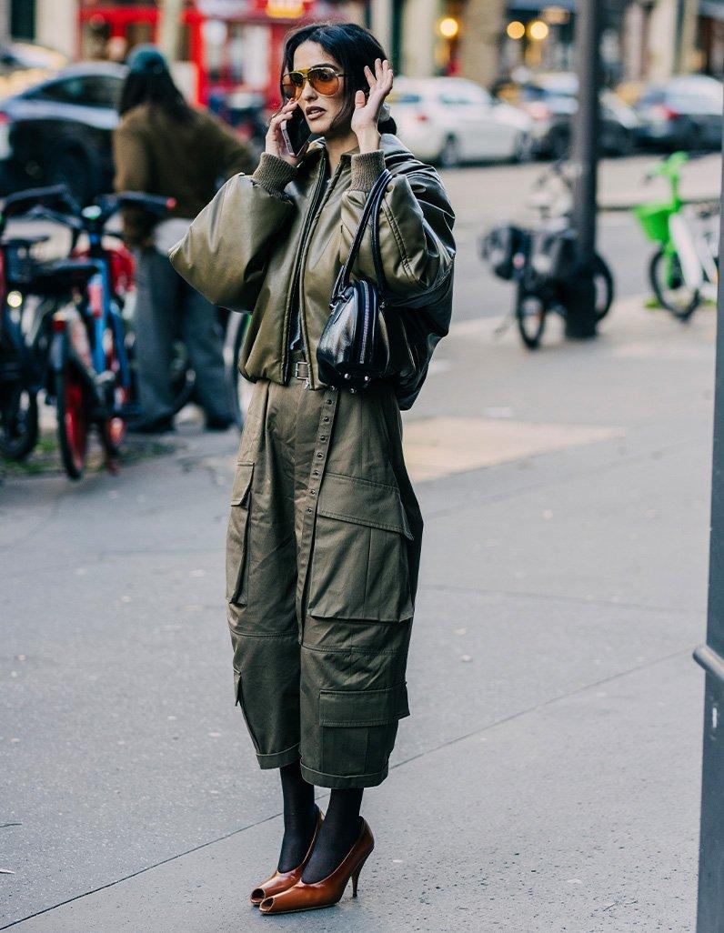 Olive Bomber Jacket with Wide-Leg Cargo Pants Olive Bomber Jacket with Wide-Leg Cargo Pants — Trendy Gorpcore Outfits