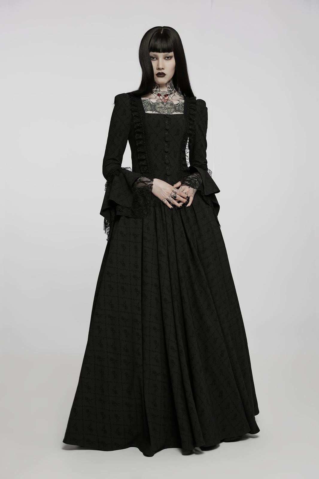 Textured Gothic Dress With Lace Trim Textured Gothic Dress With Lace Trim — Trendy Goth Outfits
