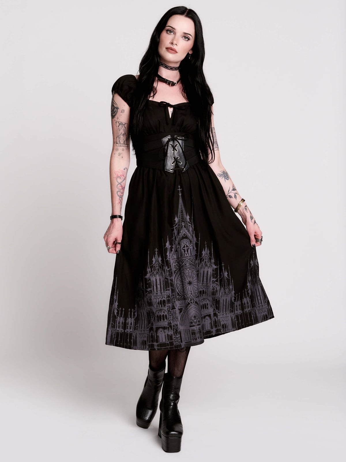 Cathedral Print Dress With Corset Detail Cathedral Print Dress With Corset Detail — Trendy Goth Outfits