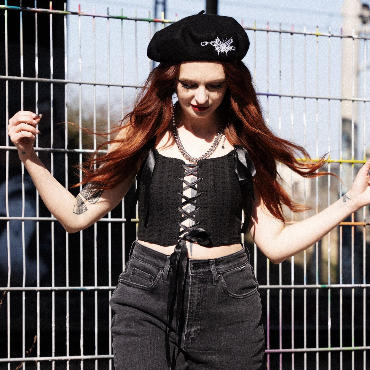 Lace-Up Corset Top With Grey Jeans Lace-Up Corset Top With Grey Jeans — Trendy Goth Outfits