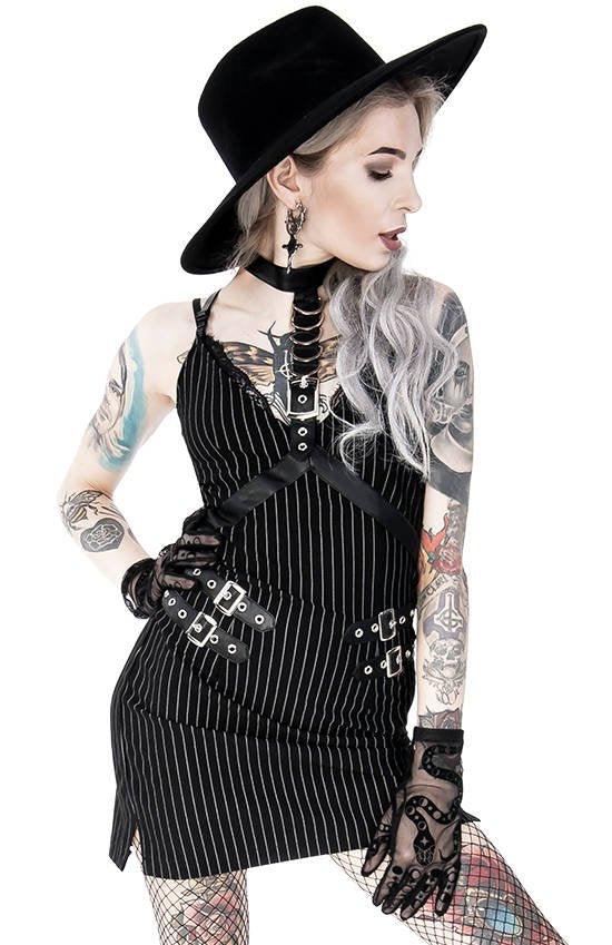 Pinstripe Mini Dress With Harness Detail Pinstripe Mini Dress With Harness Detail — Trendy Goth Outfits