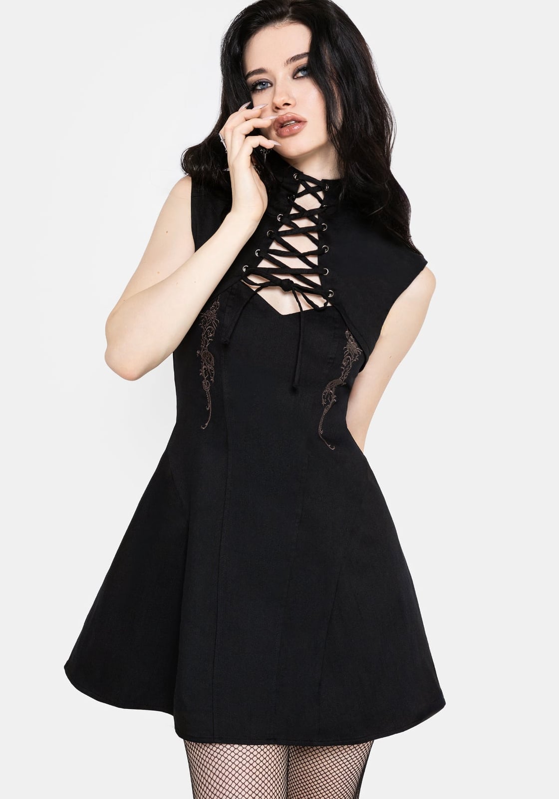 Sleeveless Dress With Lace-Up Neckline Sleeveless Dress With Lace-Up Neckline — Trendy Goth Outfits