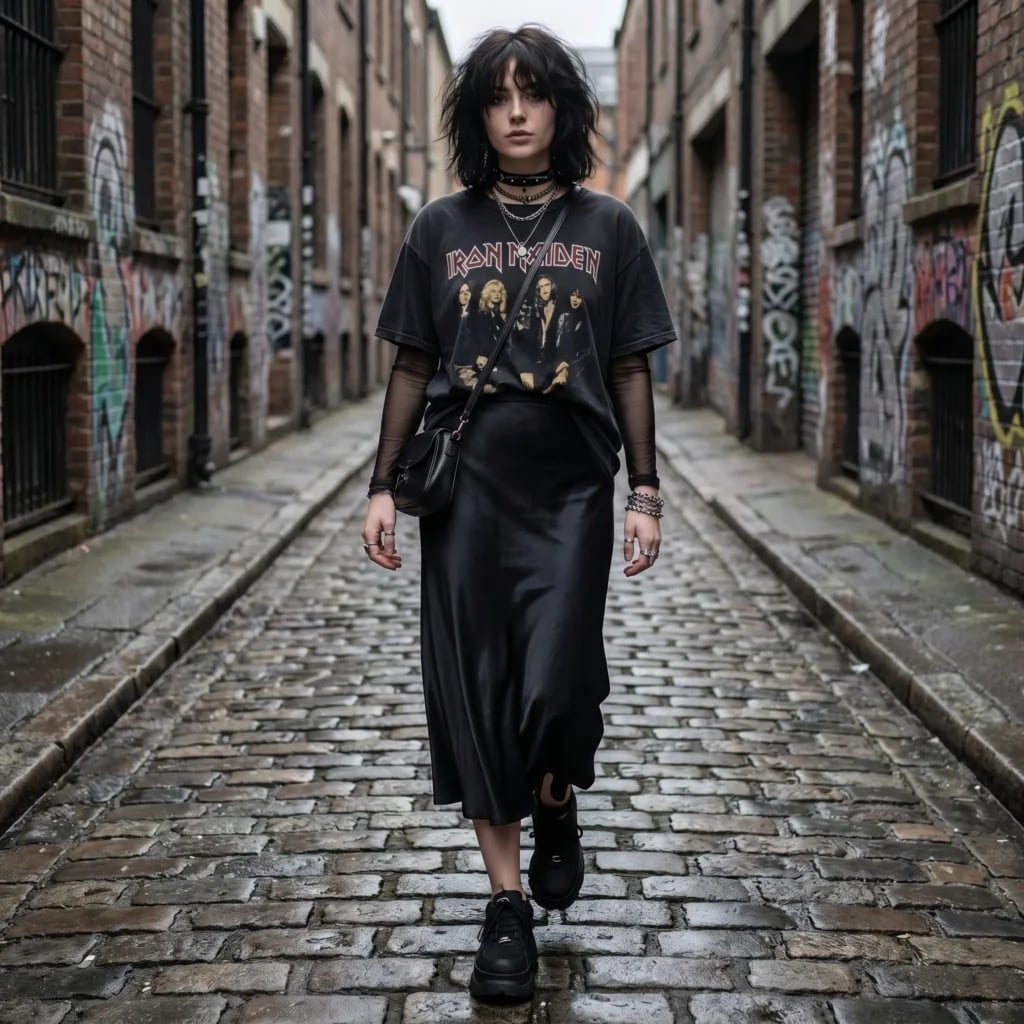 Band T-Shirt Over Mesh Top With Satin Skirt Band T-Shirt Over Mesh Top With Satin Skirt — Trendy Goth Outfits