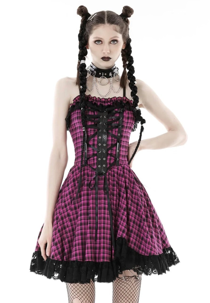 Pink Plaid Dress With Corset Detail Pink Plaid Dress With Corset Detail — Trendy Goth Outfits