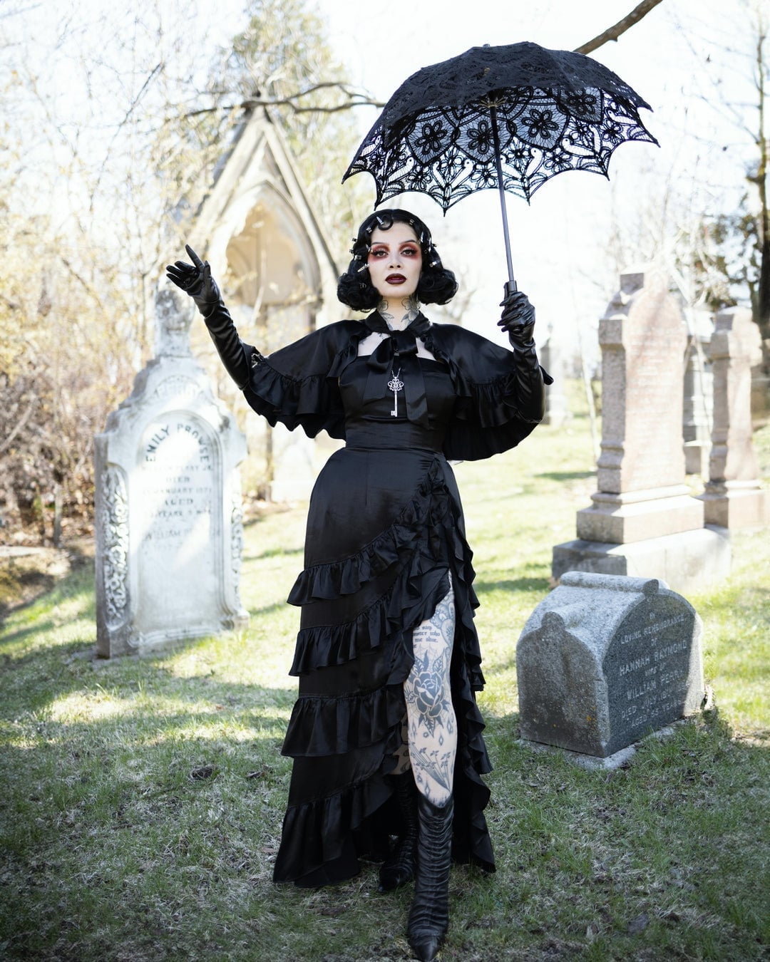 Ruffled Capelet Dress With Lace Details Ruffled Capelet Dress With Lace Details — Trendy Goth Outfits