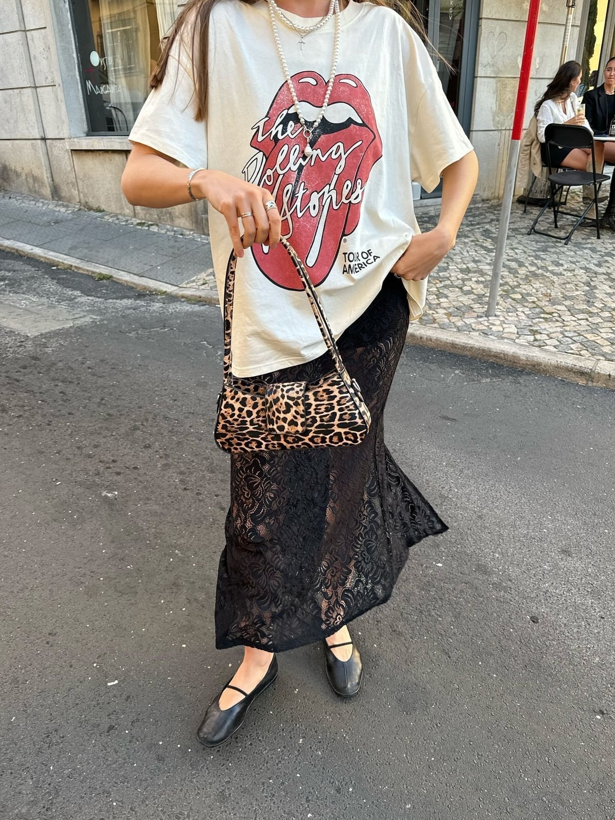 Graphic Tee with Lace Maxi Skirt and Ballet Flats — Trendy Graphic Tee Outfits