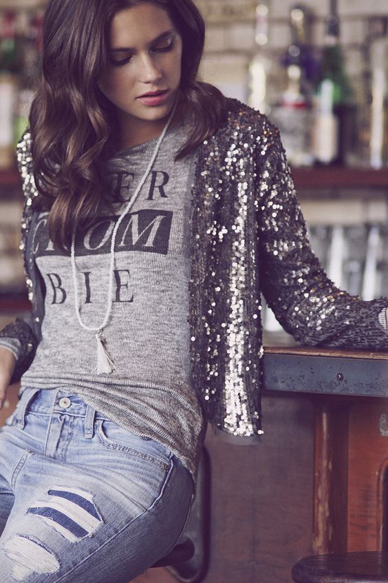 Graphic Tee Under a Sequin Bomber Jacket With Long Beaded Necklace — Trendy Graphic Tee Outfits