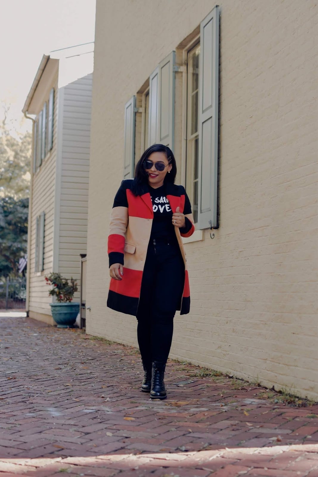 Graphic Tee Under a Colorblock Coat with Fitted, Everyday Version — Trendy Graphic Tee Outfits
