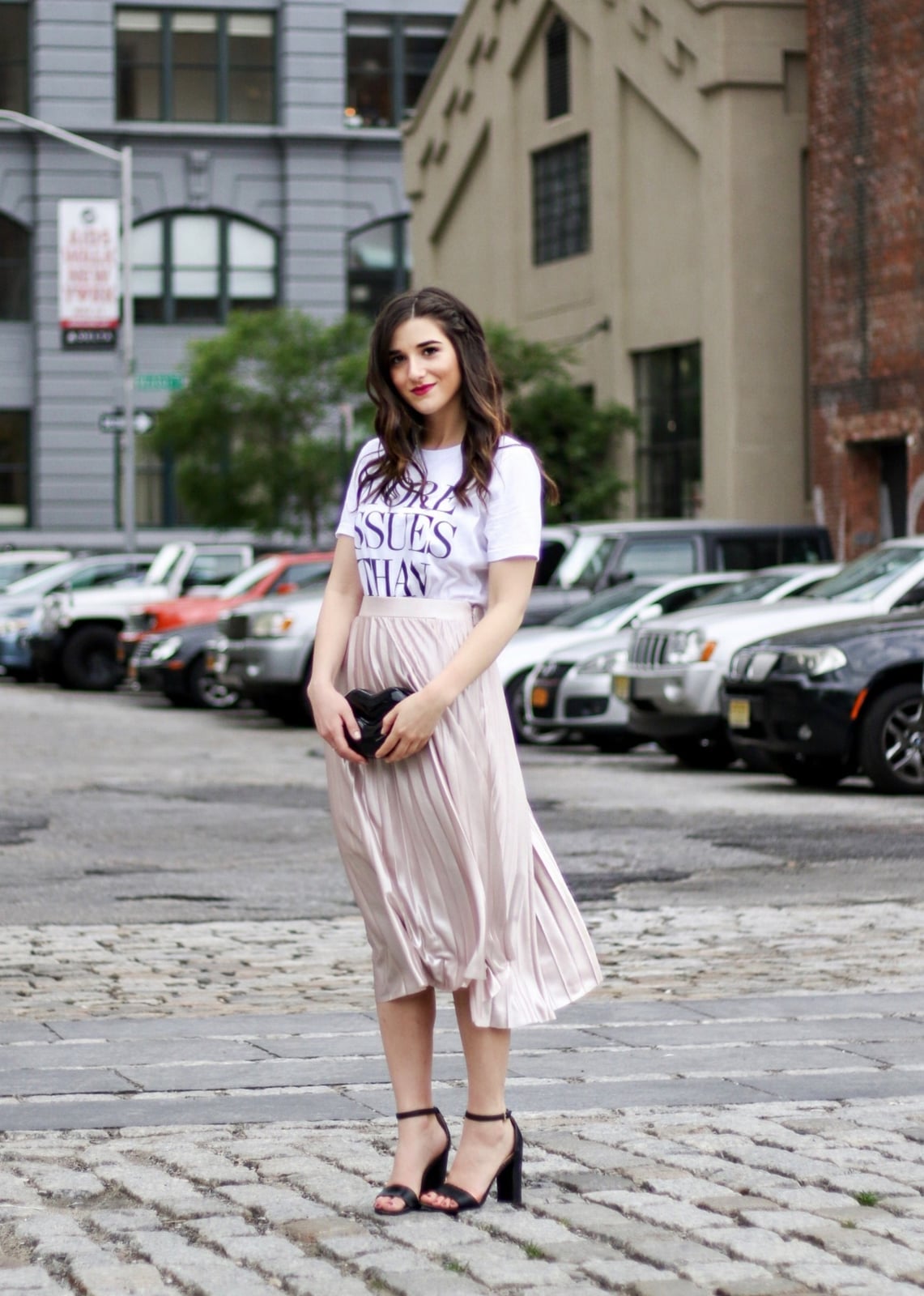 Graphic Tee Tucked into Metallic Midi Skirt — Trendy Graphic Tee Outfits