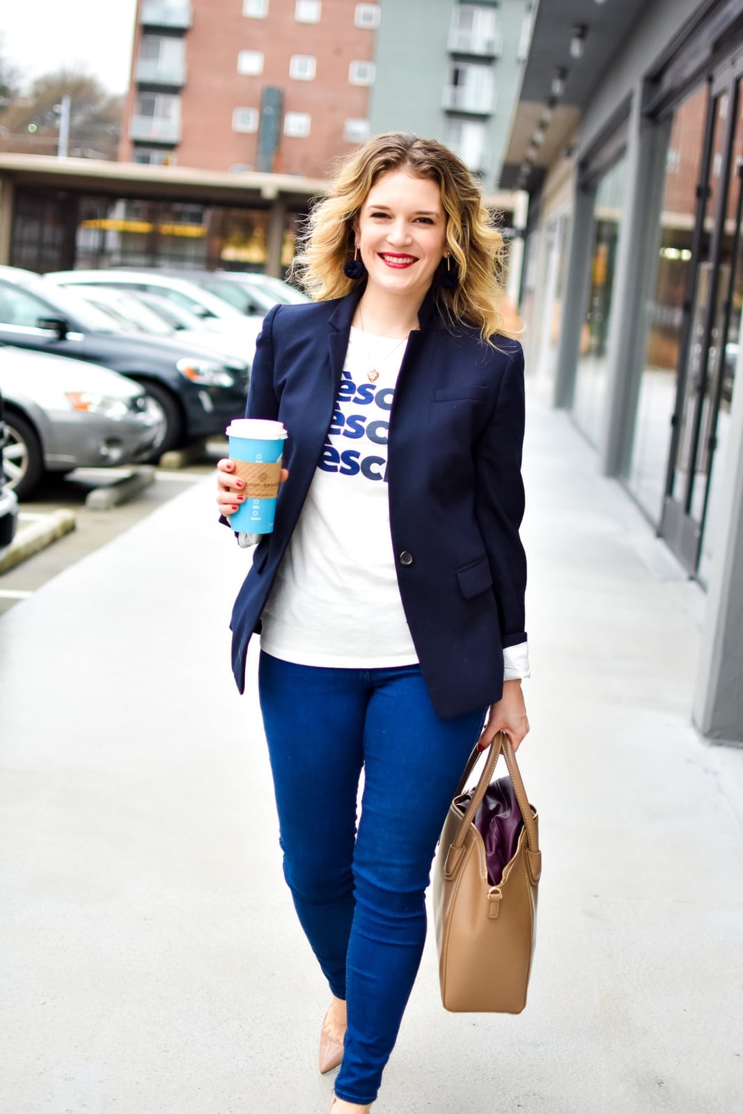 Graphic Tee Under Navy Blazer with Skinny Jeans — Trendy Graphic Tee Outfits