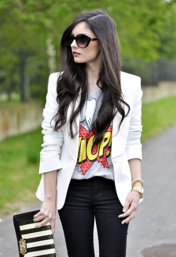 Graphic Tee Under Tailored Blazer with Fitted Trousers — Trendy Graphic Tee Outfits