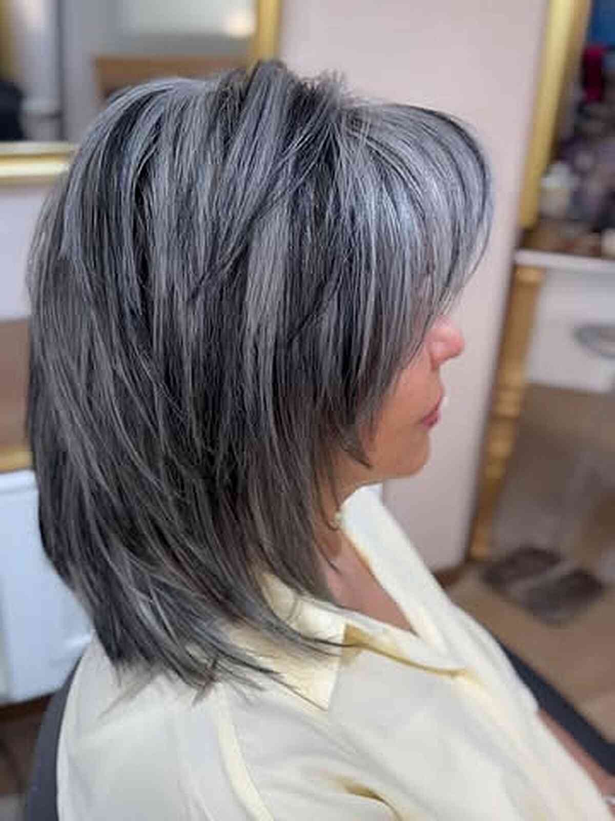 Collarbone Layered Gray With Lighter Highlights — Trendy Gray Hair Color