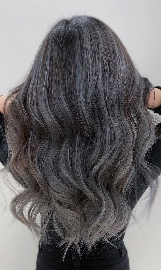 Mid-Back Dark Silver Balayage — Trendy Gray Hair Color