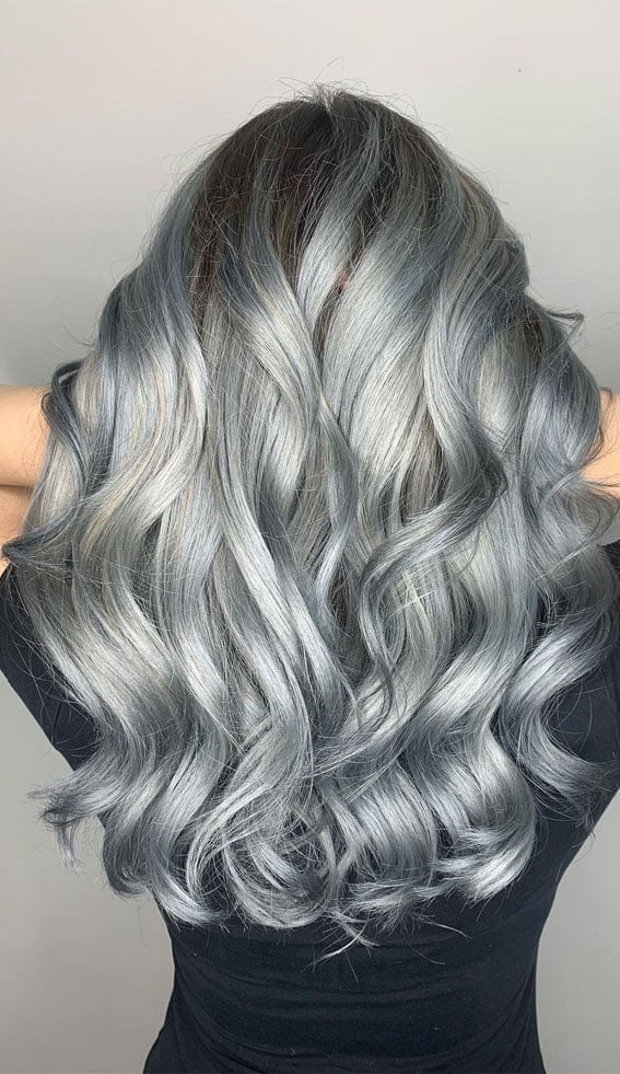 Mid-Back Dark Base With Metallic Grey Highlights — Trendy Gray Hair Color
