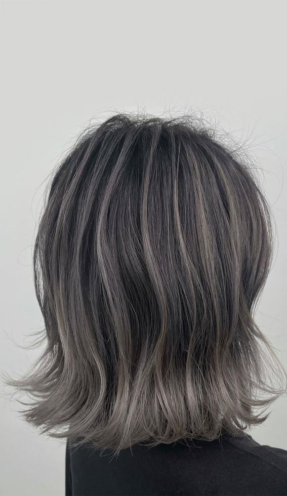 Mid-Back Dark Base With Silver Highlights and Long Layers — Trendy Gray Hair Color