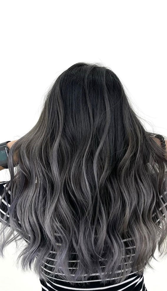 Mid-Back Dark Base With Ash Gray Balayage — Trendy Gray Hair Color