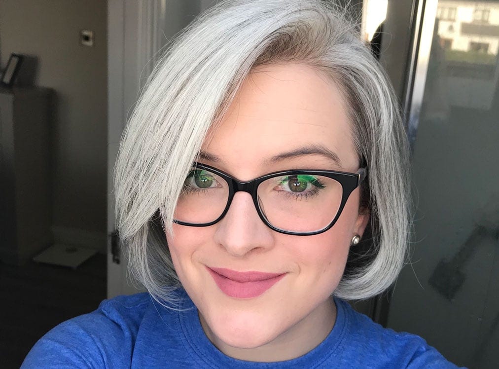 Chin Length Platinum Grey Blunt Bob — Trendy Gray Hair Color