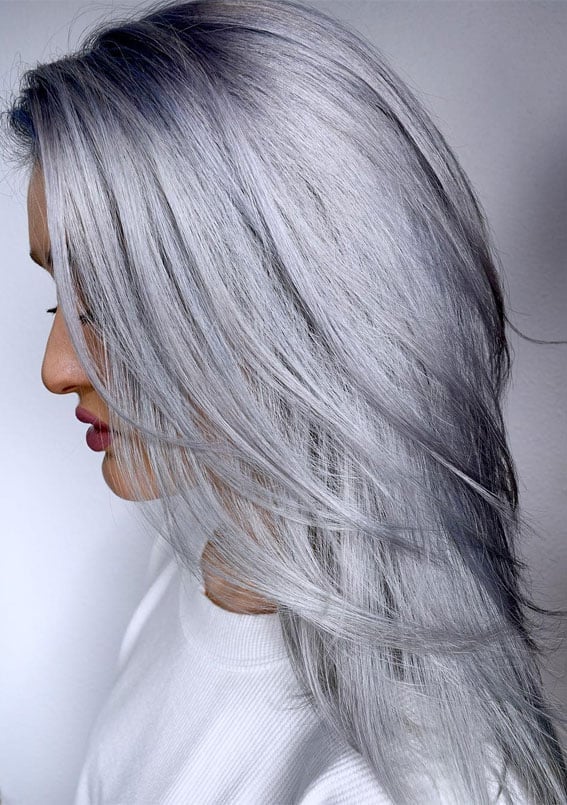 Collarbone Metallic Silver Gray Blowout — Trendy Gray Hair Color