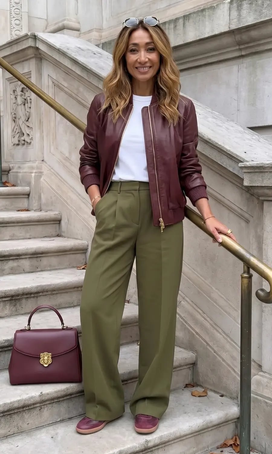 Olive Green Wide-Leg Trousers with Burgundy Jacket — Trendy Green Outfits