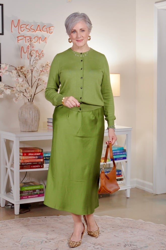 Lime Green Knit Cardigan and Silk Satin Midi Skirt Set — Trendy Green Outfits