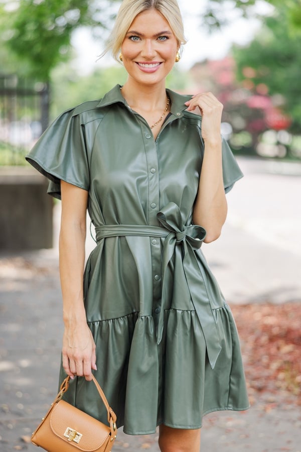 Olive Green Faux Leather Shirt Dress with Tie Waist — Trendy Green Outfits