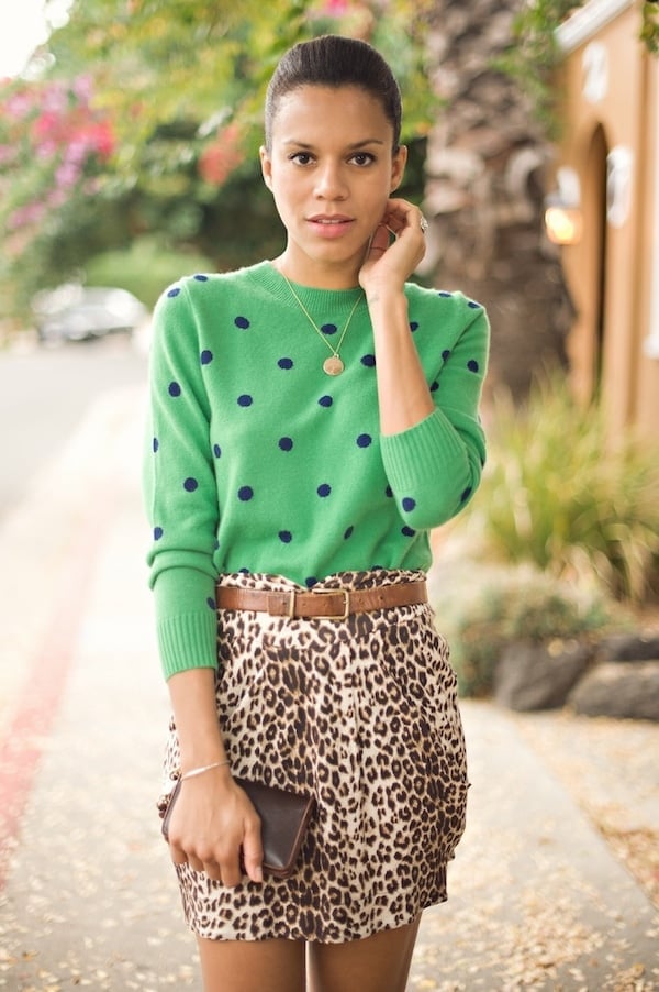 Green Polka Dot Knit Sweater with Leopard Mini Skirt — Trendy Green Outfits